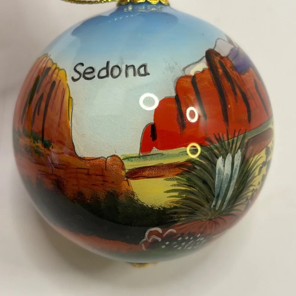 Zhenzhu Sedona Arizona Hand Painted Reverse Glass Christmas Ornament with Box